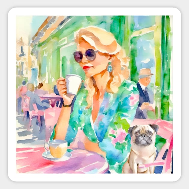 Girl and her pug in a Parisian cafe, watercolor painting Sticker by SophieClimaArt